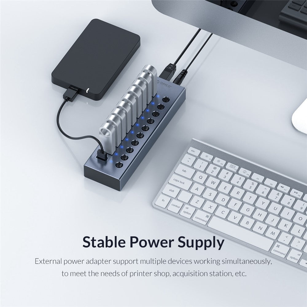 ORICO BT2U3-10AB Aluminum Alloy 10 Port USB3.0 5Gbps Data Transmission USB Hub Charging Splitter with Individual Switches