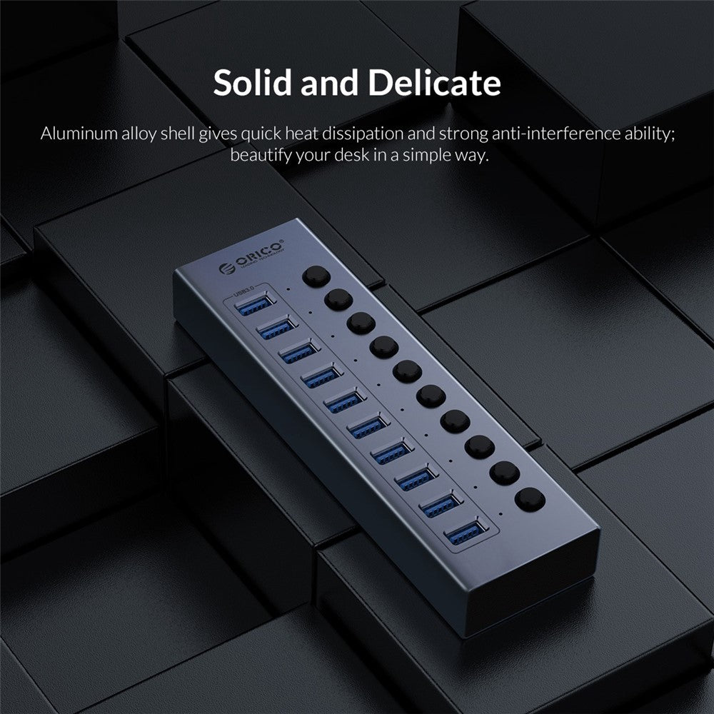 ORICO BT2U3-10AB Aluminum Alloy 10 Port USB3.0 5Gbps Data Transmission USB Hub Charging Splitter with Individual Switches