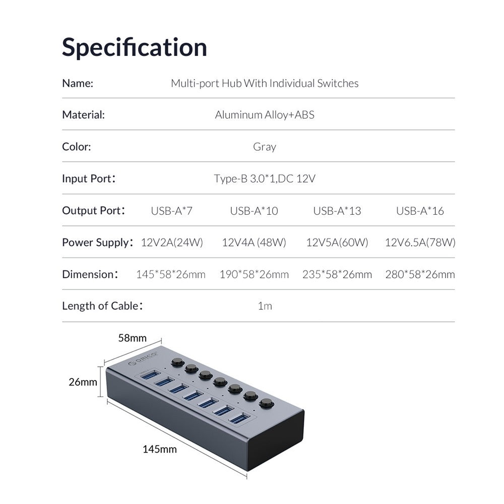 ORICO BT2U3-10AB Aluminum Alloy 10 Port USB3.0 5Gbps Data Transmission USB Hub Charging Splitter with Individual Switches