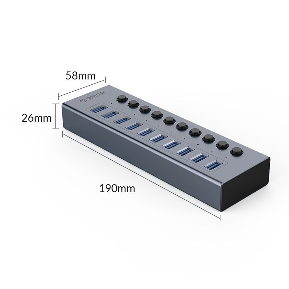 ORICO BT2U3-10AB Aluminum Alloy 10 Port USB3.0 5Gbps Data Transmission USB Hub Charging Splitter with Individual Switches