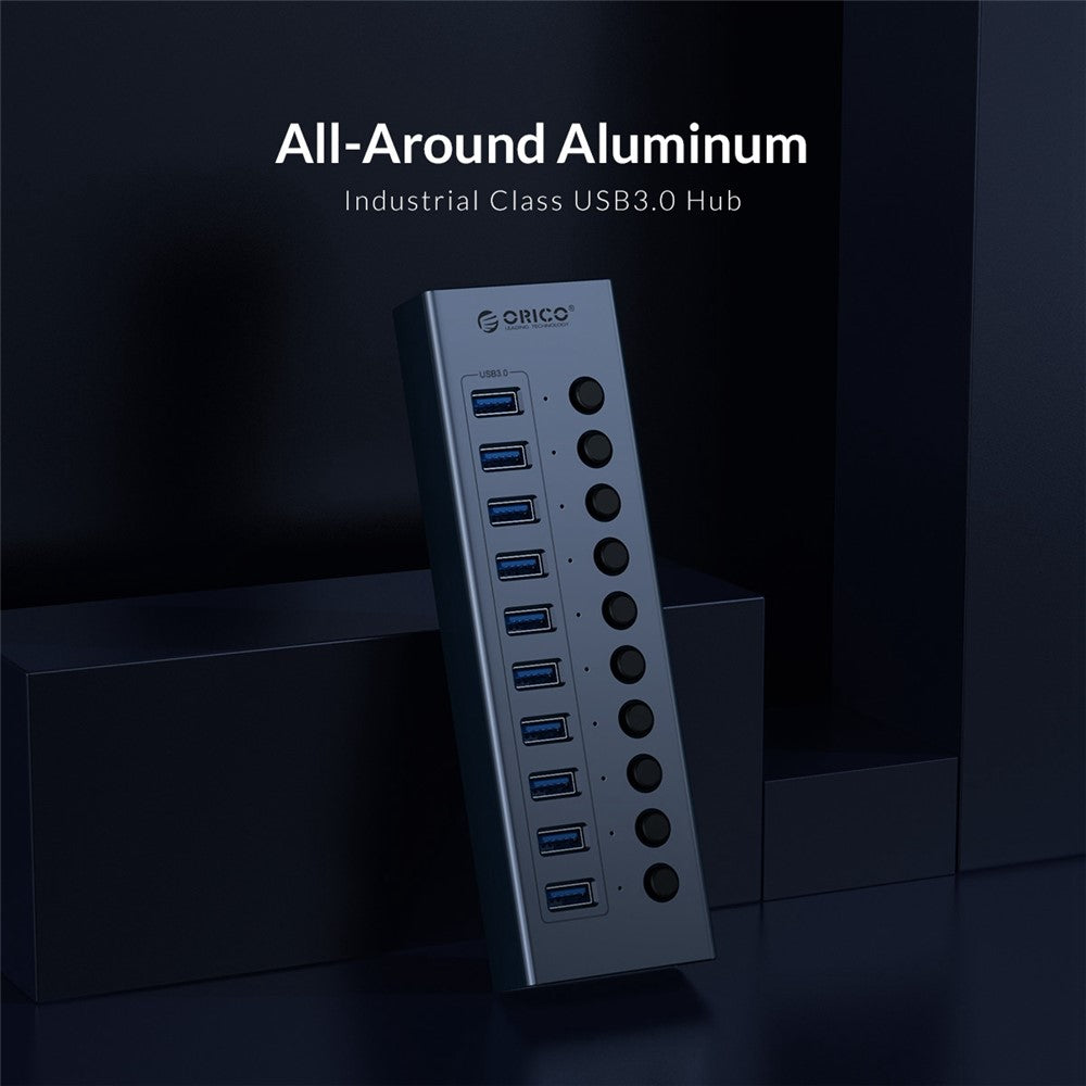 ORICO BT2U3-10AB Aluminum Alloy 10 Port USB3.0 5Gbps Data Transmission USB Hub Charging Splitter with Individual Switches