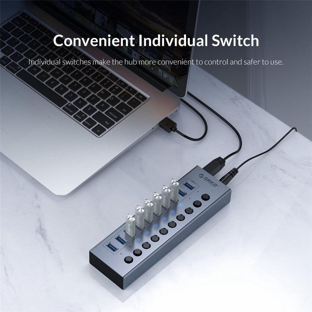ORICO BT2U3-10AB Aluminum Alloy 10 Port USB3.0 5Gbps Data Transmission USB Hub Charging Splitter with Individual Switches