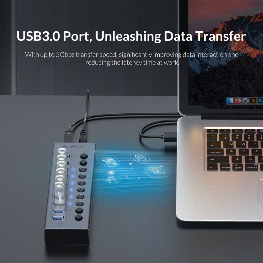 ORICO BT2U3-10AB Aluminum Alloy 10 Port USB3.0 5Gbps Data Transmission USB Hub Charging Splitter with Individual Switches