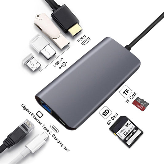 8-in-1 Type C Hub Adapter USB 3.0 RJ45 SD/TF Card Reader HDMI Type-C Port Docking Station