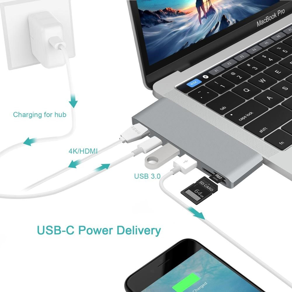 6-in-1 Type C Hub Adapter + 2*USB 3.0 + PD + SD/TF Card Reader Docking Station