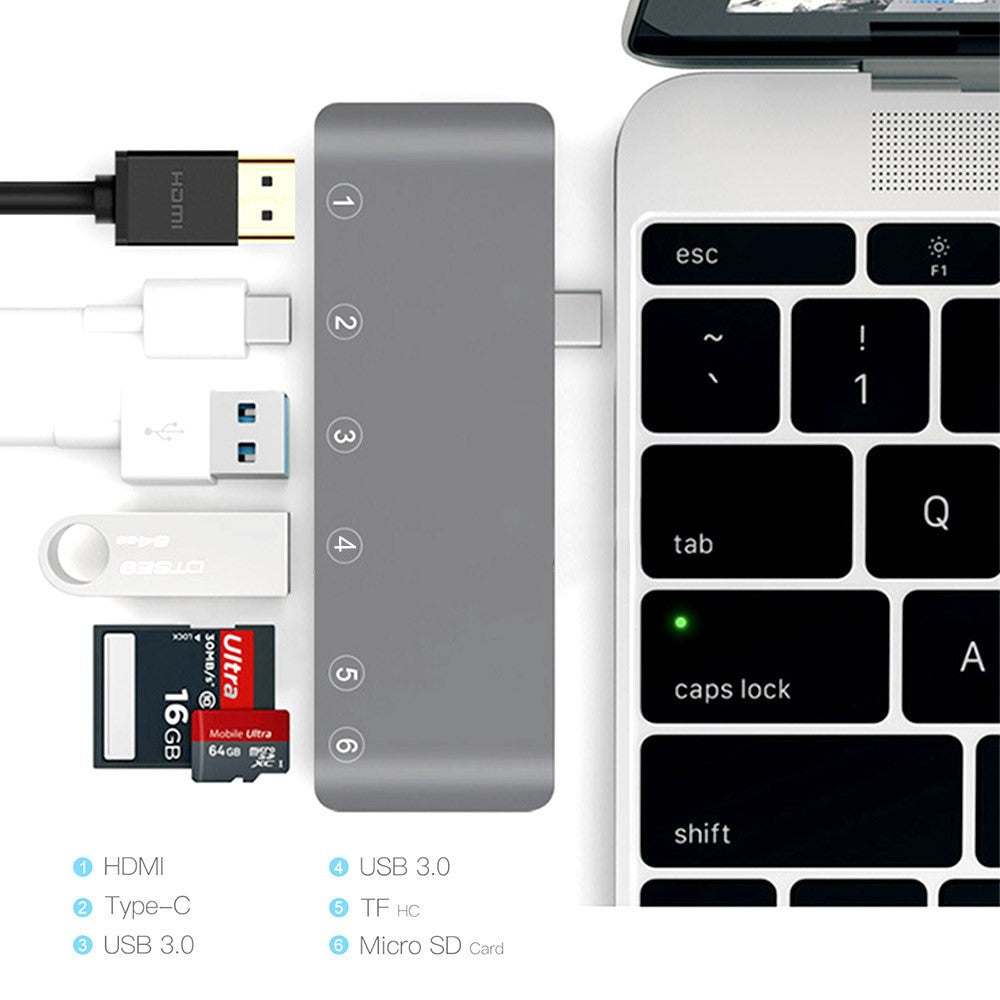 6-in-1 Type C Hub Adapter + 2*USB 3.0 + PD + SD/TF Card Reader Docking Station