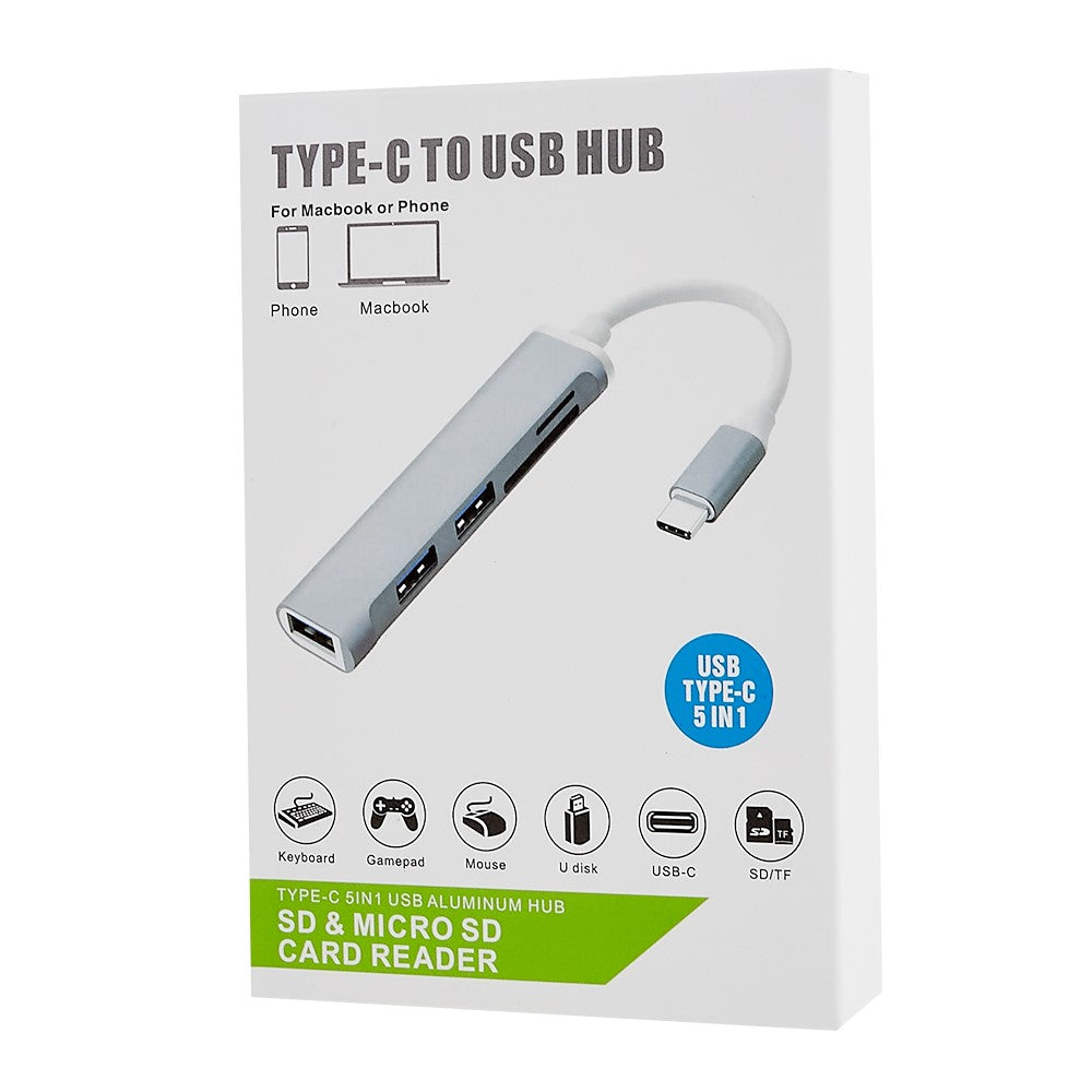 USB-C 5-in-1 Hub Splitter 3 x USB3.0 5Gbps High Speed TF SD Card Reader Adapter