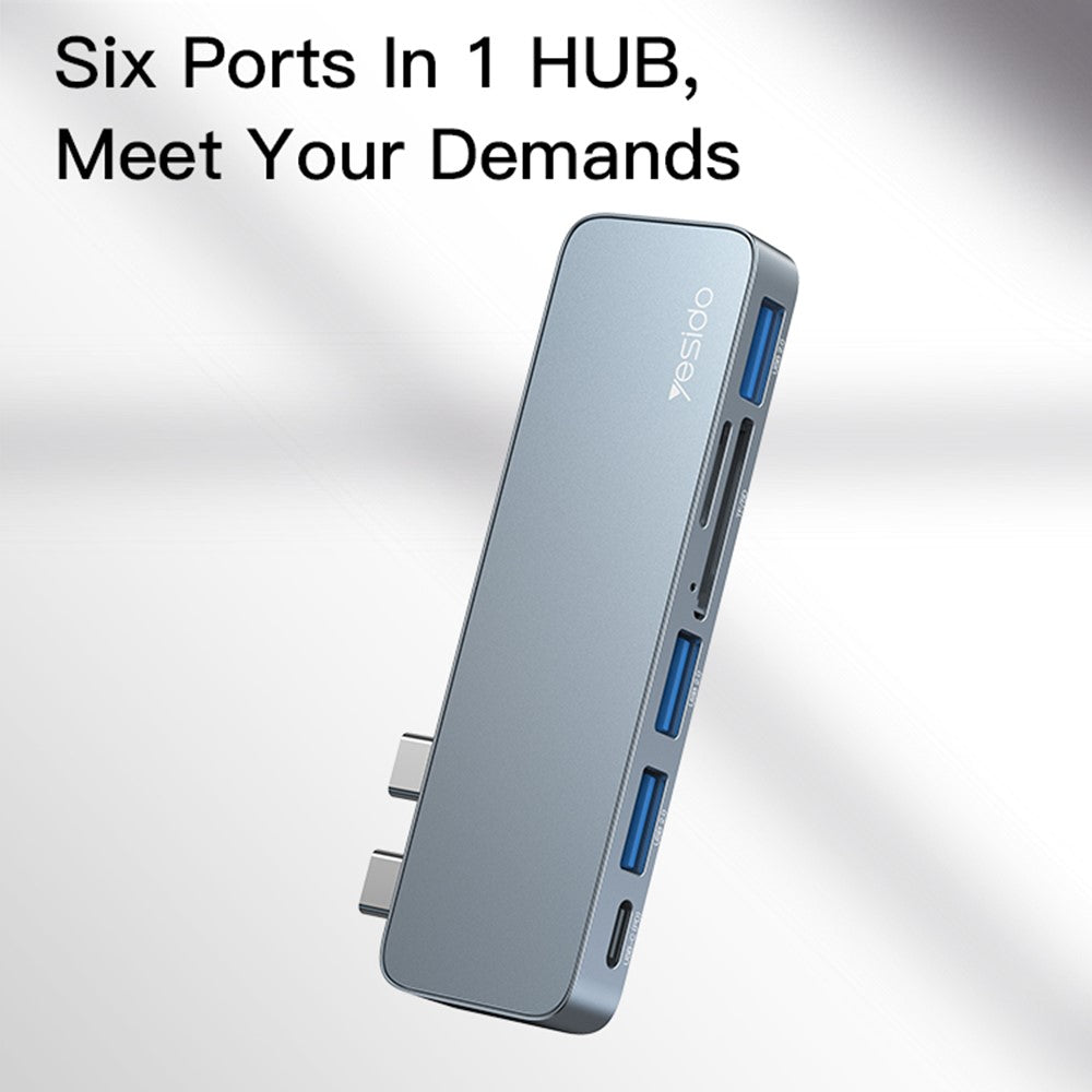 YESIDO HB10 Dual Type-C Hub Splitter 6-in-1 USB3.0 TF/Memord Card Reader PD Adapter Notebook Docking Station