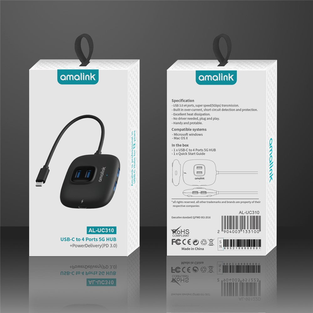 AMALINK AL-UC310 Portable 5Gbps Type-C to USB 3.0 4 Ports + PD 3.0 Hub