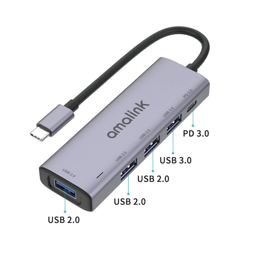 AMALINK AL-95119D 5-in-1 USB C Hub to 4xUSB Ports and 1xPD3.0 Port Adapter Fast Charging USB C Hub for Laptops Computers Mobile Phones