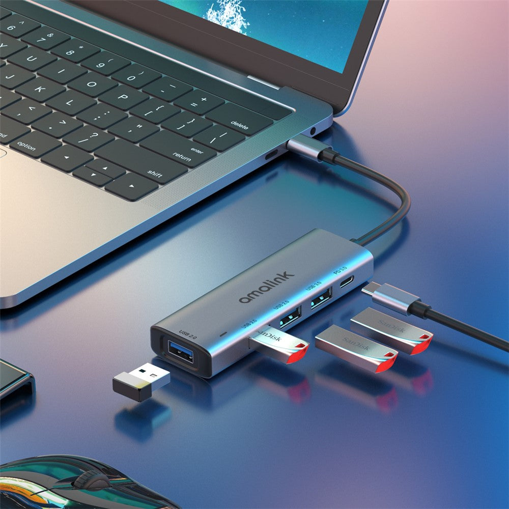 AMALINK AL-95119D 5-in-1 USB C Hub to 4xUSB Ports and 1xPD3.0 Port Adapter Fast Charging USB C Hub for Laptops Computers Mobile Phones