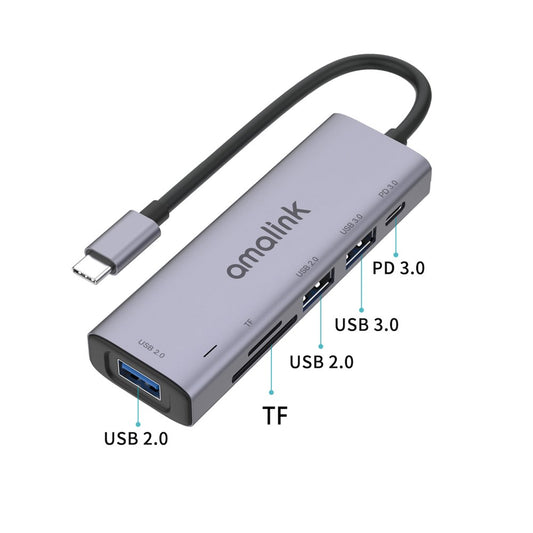 AMALINK AL-95120D 6 in 1 Type C Hub TF Card Reader 2x USB 2.0 3.0 PD 3.0 Fast Charging Adapter