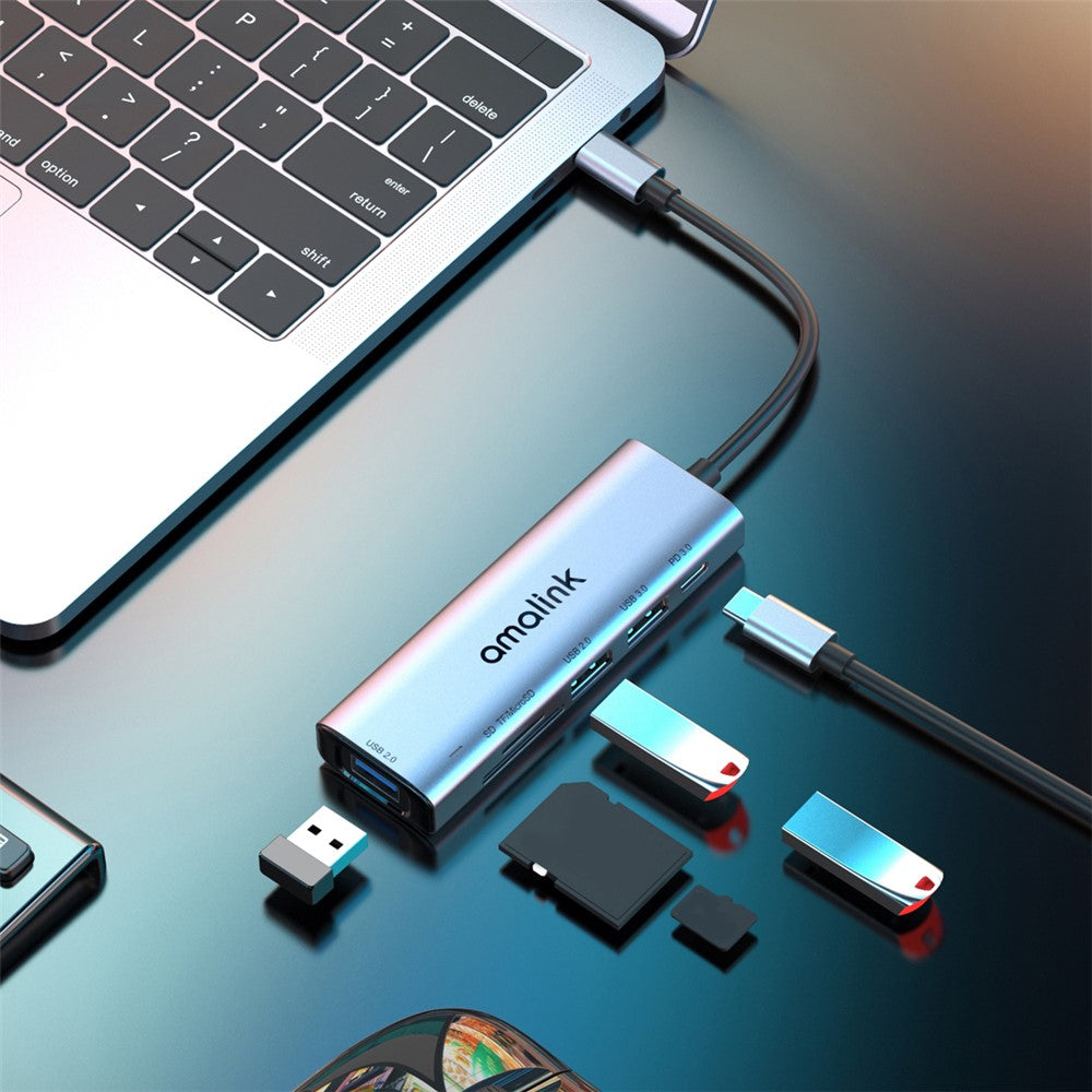 AMALINK AL-95120D 6 in 1 Type C Hub TF Card Reader 2x USB 2.0 3.0 PD 3.0 Fast Charging Adapter