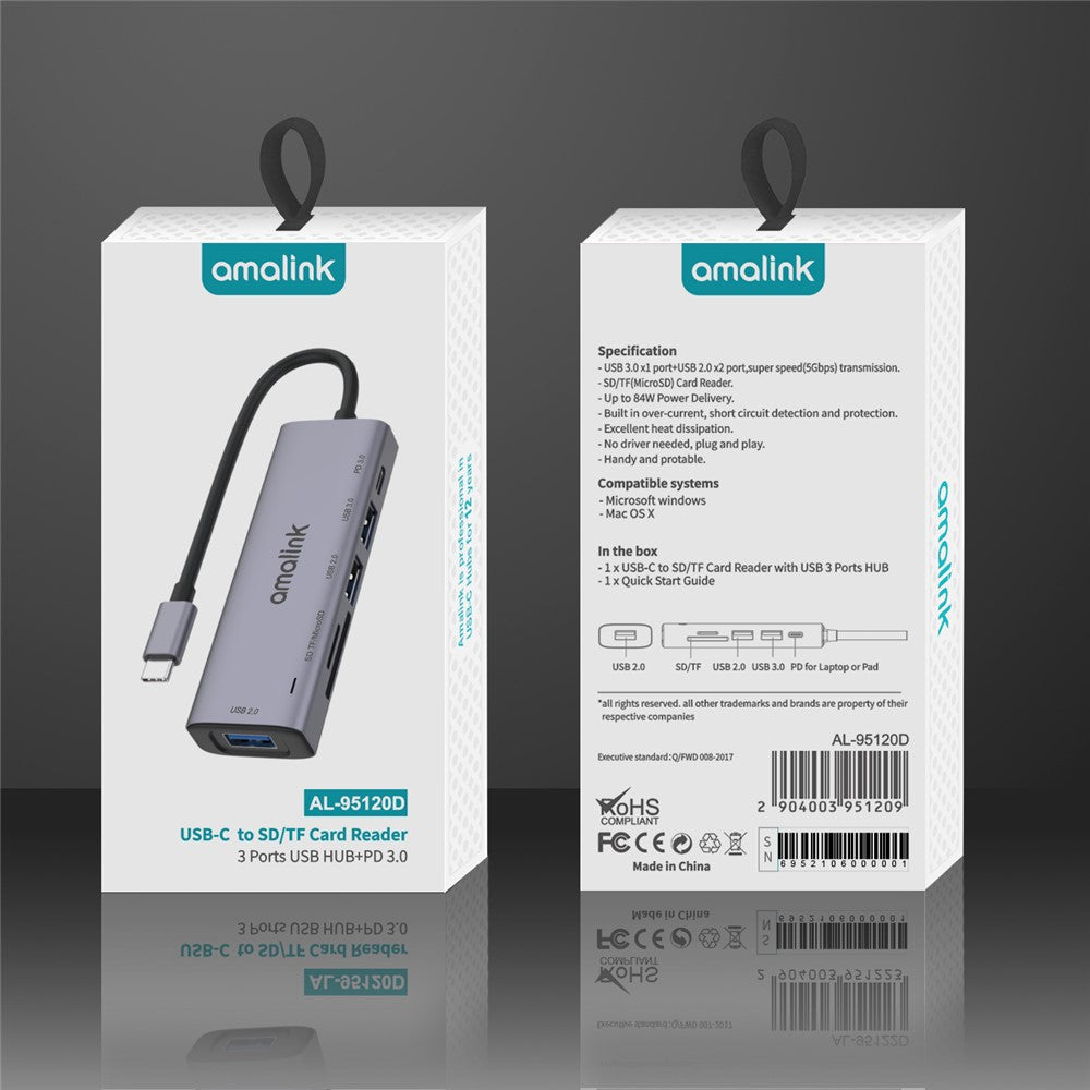 AMALINK AL-95120D 6 in 1 Type C Hub TF Card Reader 2x USB 2.0 3.0 PD 3.0 Fast Charging Adapter