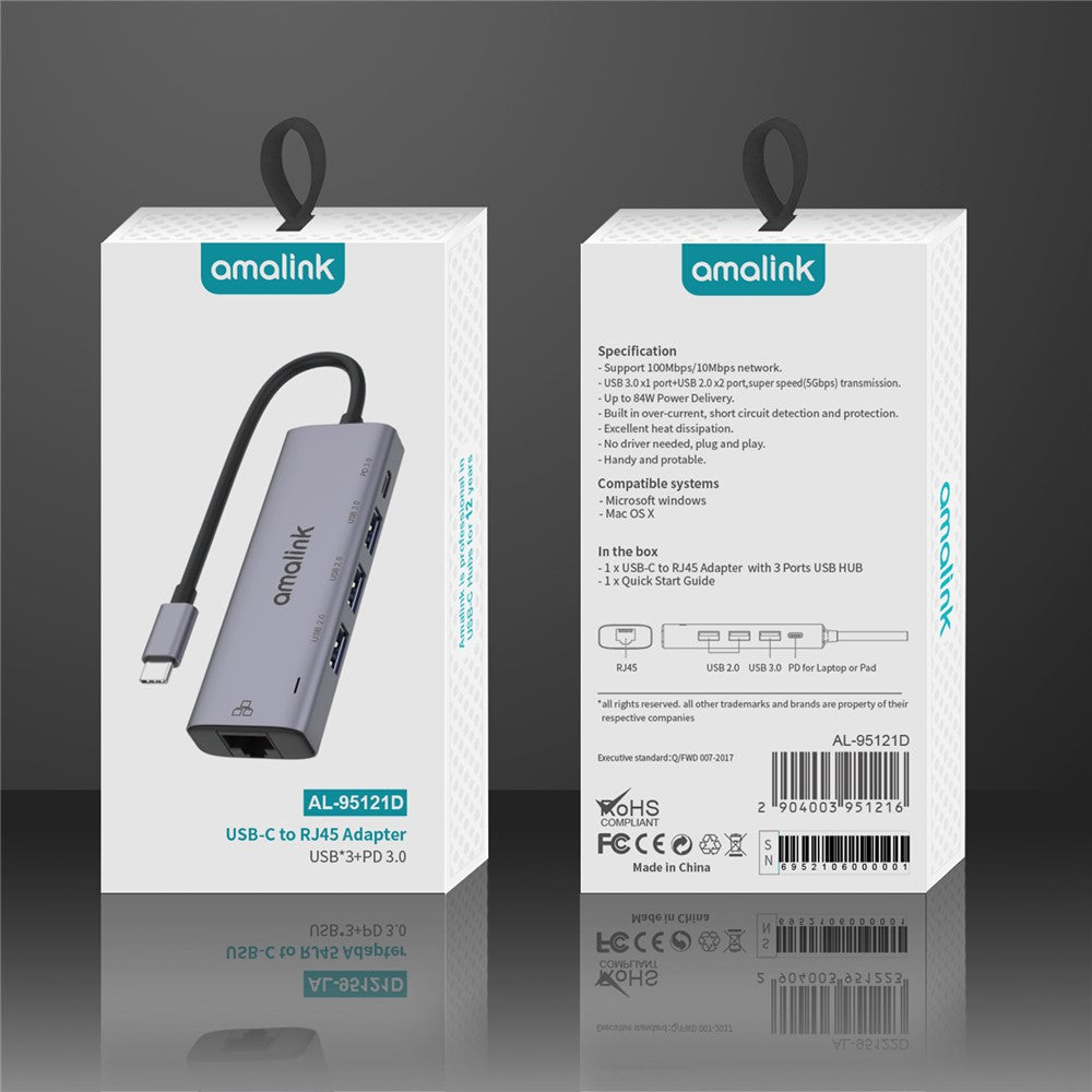 AMALINK 5 in 1 Driver Free Type C Hub 2x USB 2.0 3.0 PD 3.0 RJ45 Lan Adapter