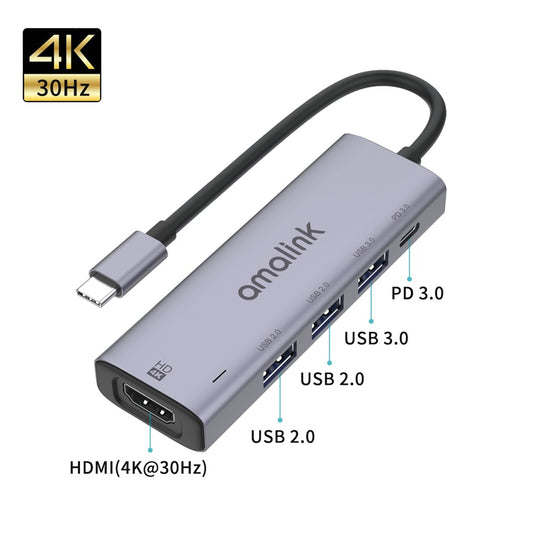 AMALINK AL-95123D 5 in 1 86W Power Delivery Type C Hub 4K HDMI 2x USB 2.0 3.0 PD 3.0 Adapter for Mac OS X Microsoft Windows