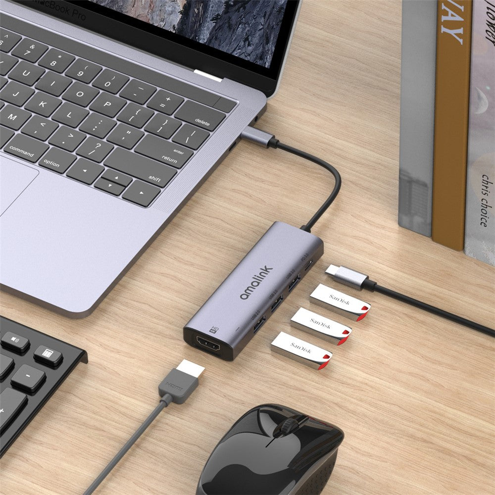 AMALINK AL-95123D 5 in 1 86W Power Delivery Type C Hub 4K HDMI 2x USB 2.0 3.0 PD 3.0 Adapter for Mac OS X Microsoft Windows