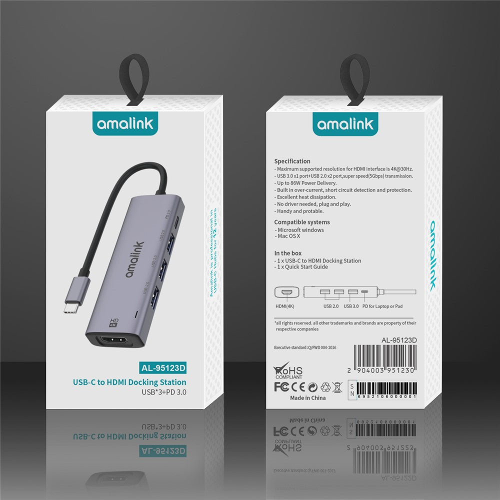 AMALINK AL-95123D 5 in 1 86W Power Delivery Type C Hub 4K HDMI 2x USB 2.0 3.0 PD 3.0 Adapter for Mac OS X Microsoft Windows