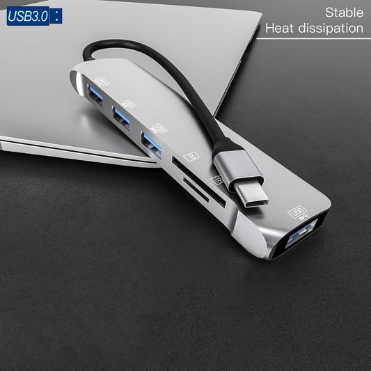 NK-3043H 6 in 1 Type-C to TF / Memory Card Slots / USB3.0 + 3 USB2.0 Converter Portable USB-C Hub Adapter for Keyboard, Mouse, External Hard Disk