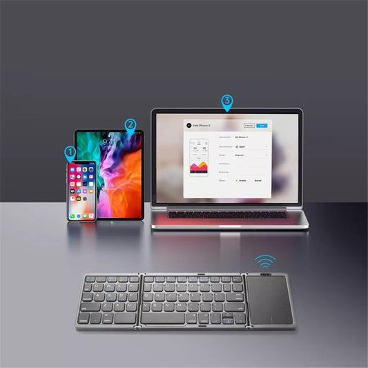 B089T Ultra-thin Rechargeable 10m Wireless Bluetooth-compatible Keyboard Triple Folding Mini Touchpad Press Key Mouse for Home Office Travel Business Trip