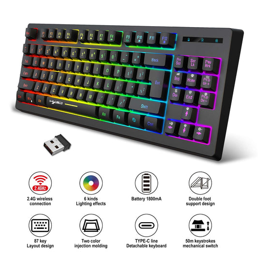 HXSJ L100 2.4G Wireless Keyboard 87 Keys RGB Light Computer Laptop Gaming Keyboard