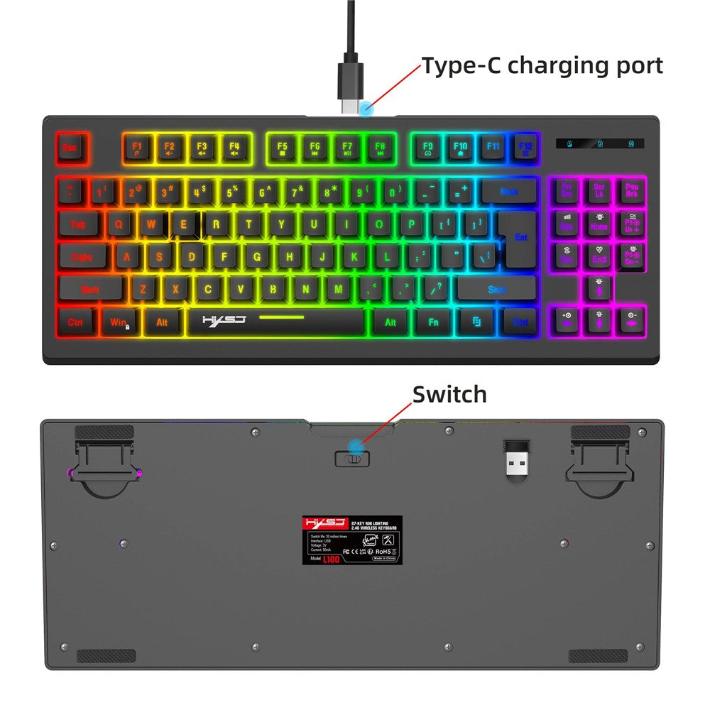 HXSJ L100 2.4G Wireless Keyboard 87 Keys RGB Light Computer Laptop Gaming Keyboard