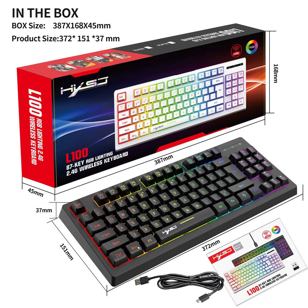HXSJ L100 2.4G Wireless Keyboard 87 Keys RGB Light Computer Laptop Gaming Keyboard