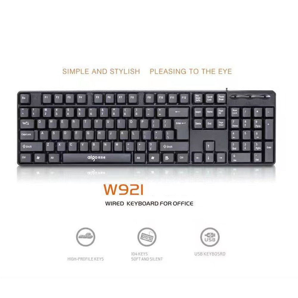 AIGO W921 Computer Wired Keyboard USB Wired Full Size 104-Key Ergonomic Design USB Cable Keyboard for Home and Office