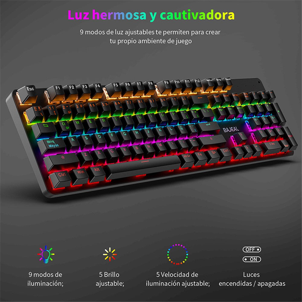 BAJEAL Wired 104 Keys Spanish Keyboard Backlit Computer Laptop Gaming Blue Switch Mechanical Keyboard