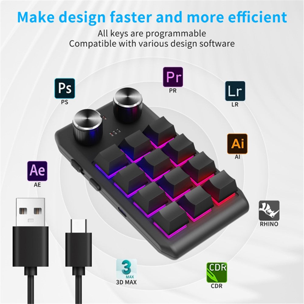 Bluetooth-compatible 5.0 Wireless Gaming Programmable Keyboard One-Hand Operation 12 Keys 2 Knobs Mechanical Keypad with LED Lighting