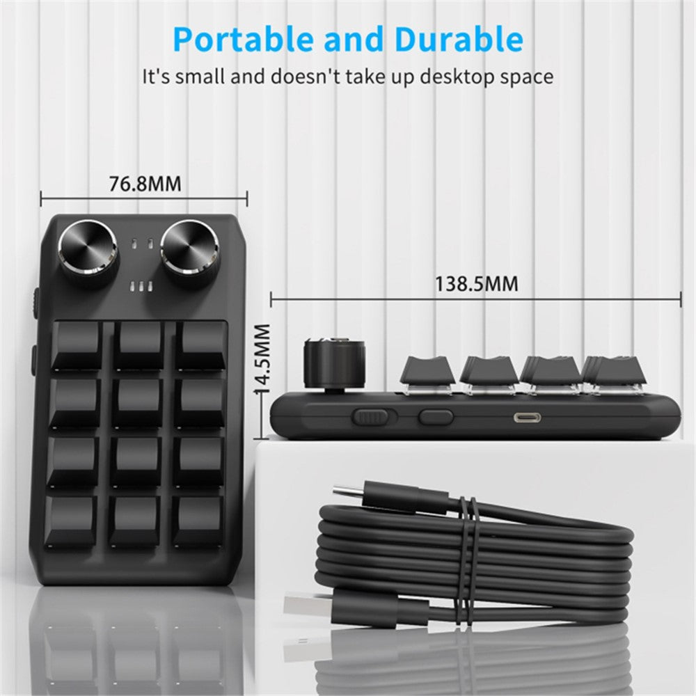 Bluetooth-compatible 5.0 Wireless Gaming Programmable Keyboard One-Hand Operation 12 Keys 2 Knobs Mechanical Keypad with LED Lighting