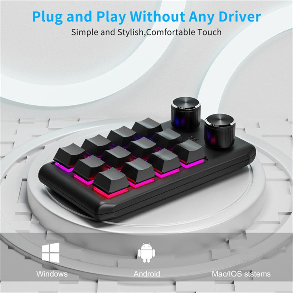 Bluetooth-compatible 5.0 Wireless Gaming Programmable Keyboard One-Hand Operation 12 Keys 2 Knobs Mechanical Keypad with LED Lighting