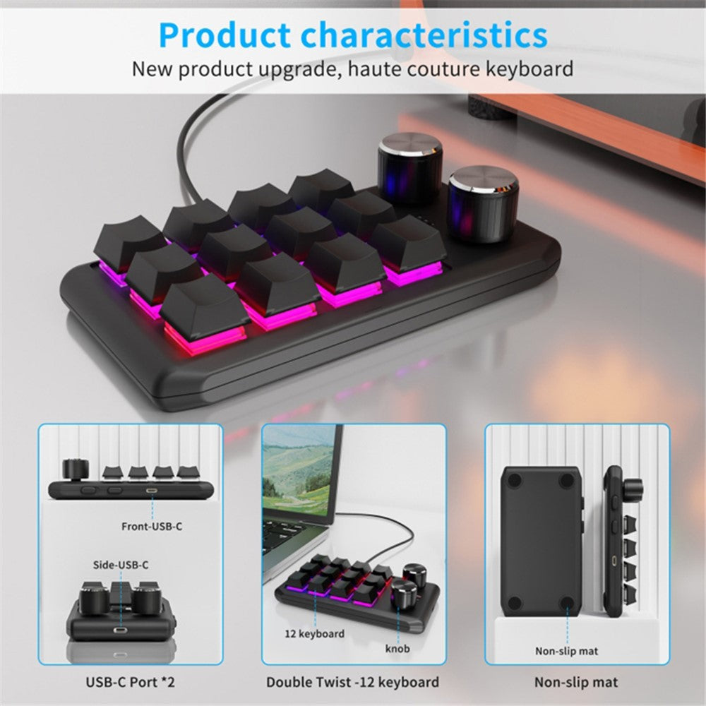 Bluetooth-compatible 5.0 Wireless Gaming Programmable Keyboard One-Hand Operation 12 Keys 2 Knobs Mechanical Keypad with LED Lighting