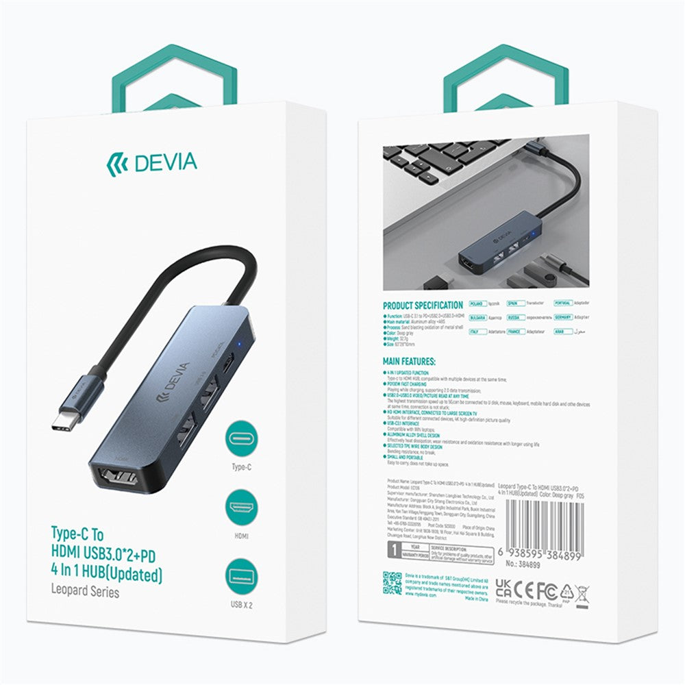 DEVIA EC136 Leopard Series 4-in-1 Hub Adapter Type-C to PD+USB2.0+USB3.0+HD Docking Station (Updated)