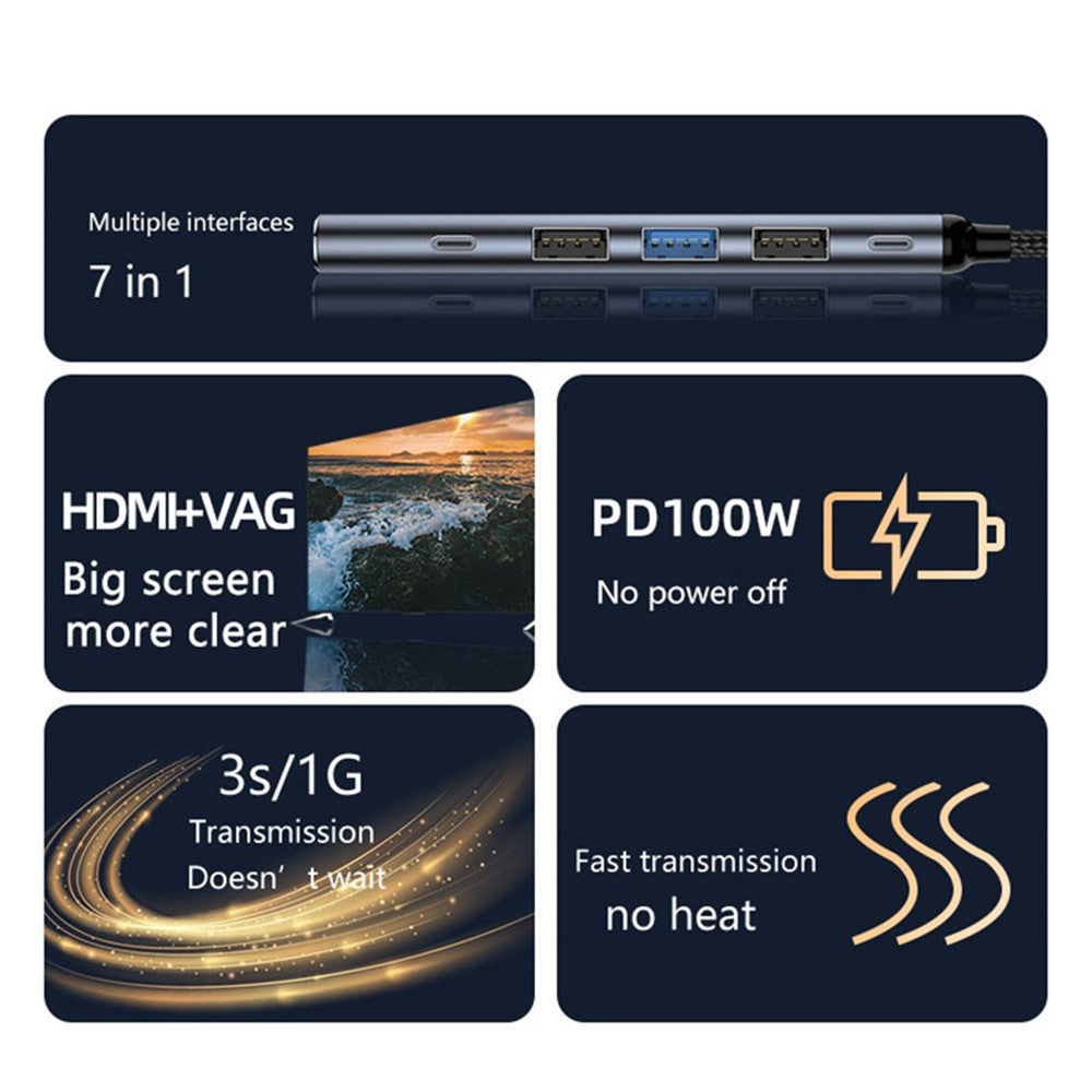 USB-C Hub Adapter Type-C to 4K 60Hz HD+USB 3.1+USB 2.0x2+USB 3.0+PD 100W Converter Dock