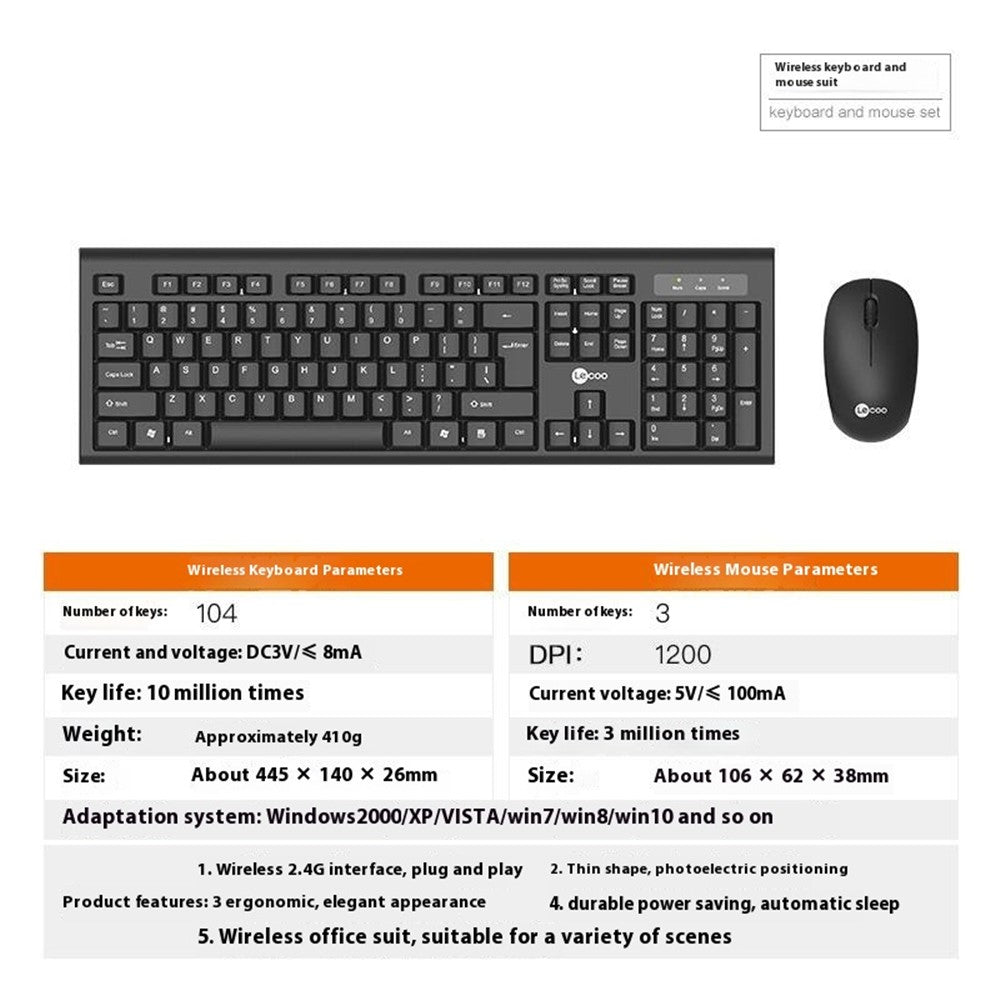 LENOVO LECOO KW200 2.4G Wireless Keyboard and Mouse Combo 104 Keys Office Keyboard