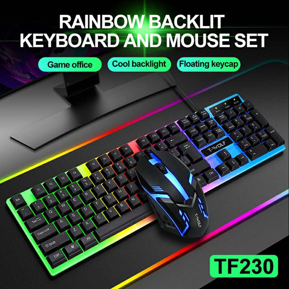 T-WOLF TF230 USB Wired Mechanical Keyboard and Mouse Set with Colorful Backlight for PC Computer Laptop, Black