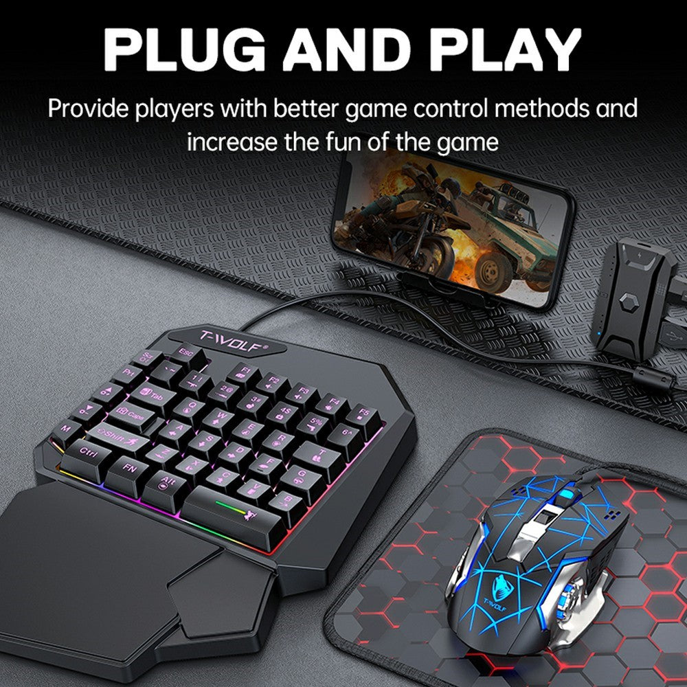 T-WOLF TF950 40 Keys One Hand Gaming Keyboard USB Wired Mouse Combo Set with Mobile Game Converter and Phone Holder