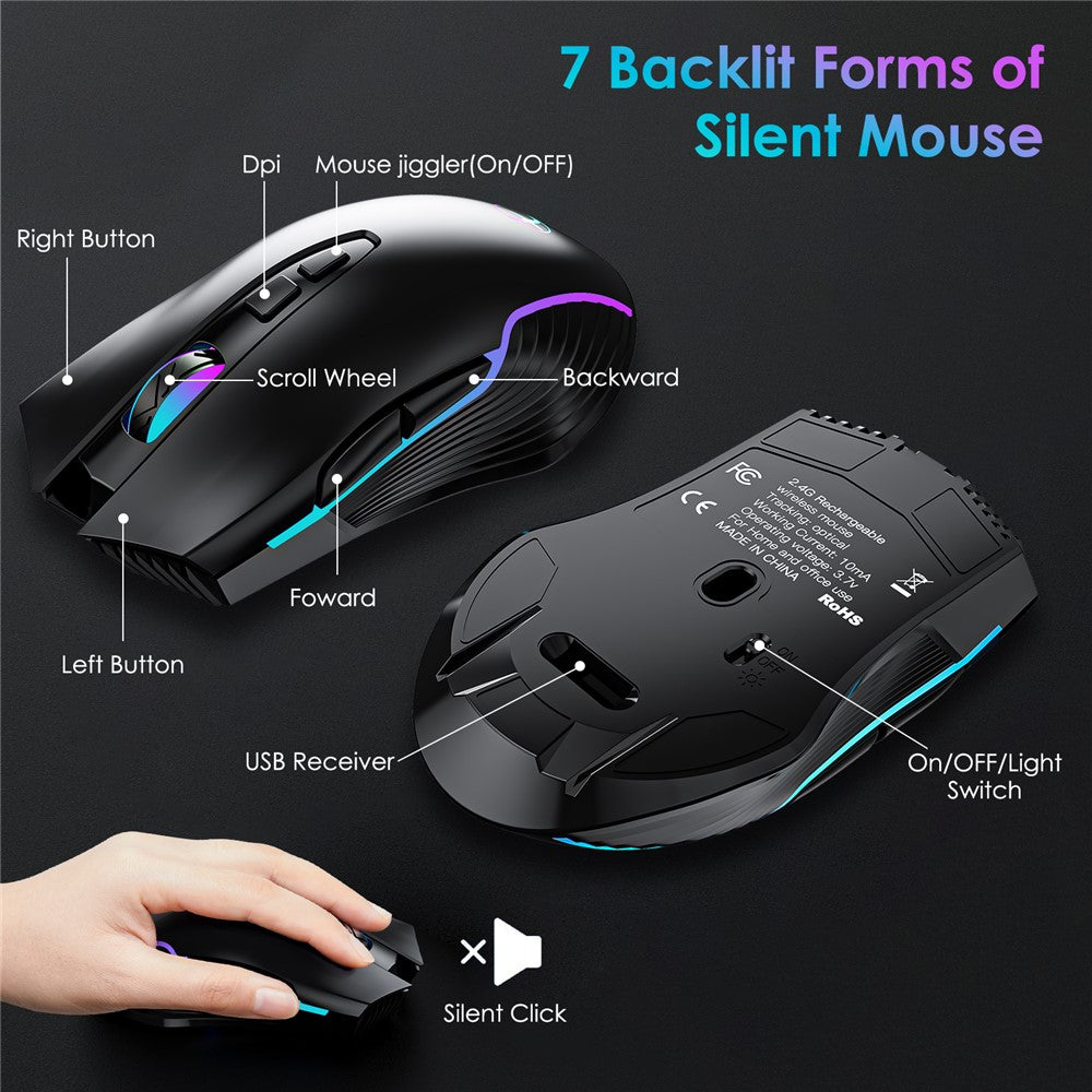 2.4G Wireless Keyboard Mouse Set Ergonomic RGB Backlit Computer Laptop Rechargeable Keyboard Mouse