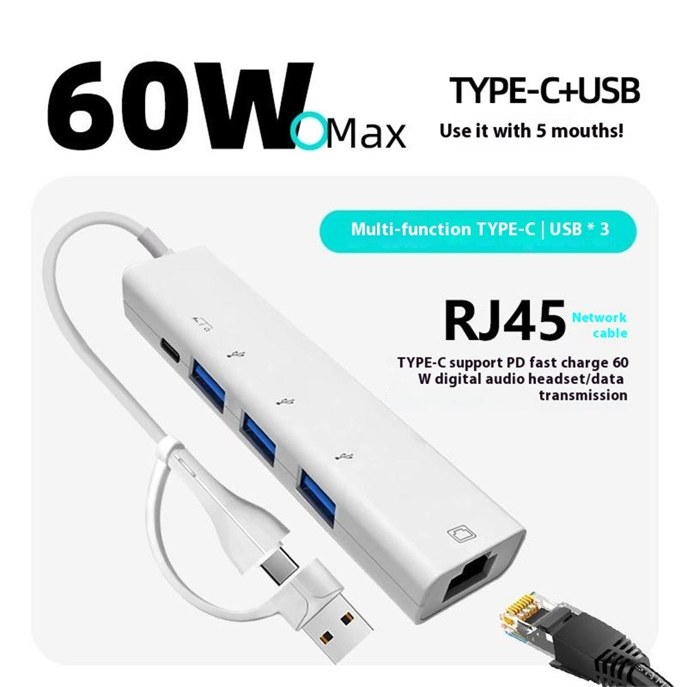 AJ1027 USB + Type-C Dual Port 5 in 1 Adapter Type-C 3xUSB RJ45 Ethernet Network Hub