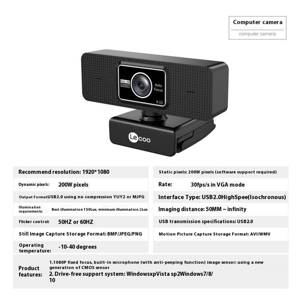 LENOVO LECOO WEC02 1080P HD Auto Focus Webcam with Built-In Microphone for Online Classes Teaching Streaming Meetings