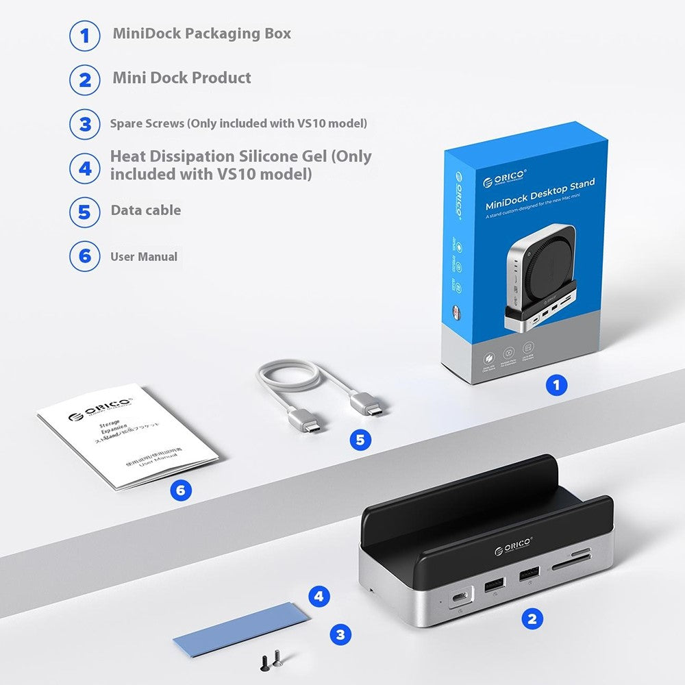 ORICO VS10 For Mac mini(2024) 512GB M.2 SSD Enclosure Desktop Expansion Dock Stand USB + HD + RJ45 + SD / TF Card Reader 10 in 1 Docking Station