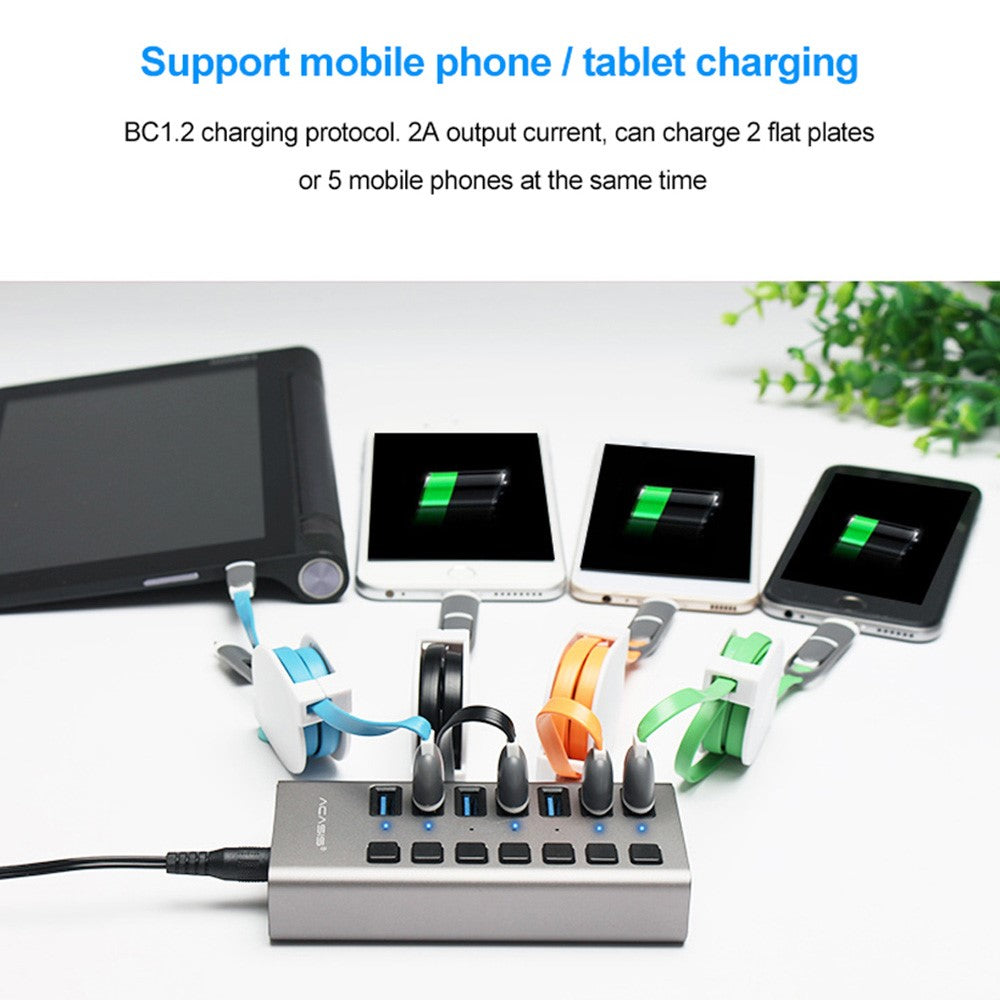 ACASIS HS-707MG 7 Ports USB3.0 5Gbps High Speed Transmission Charging Dock USB Hub Splitter with Independent Switch