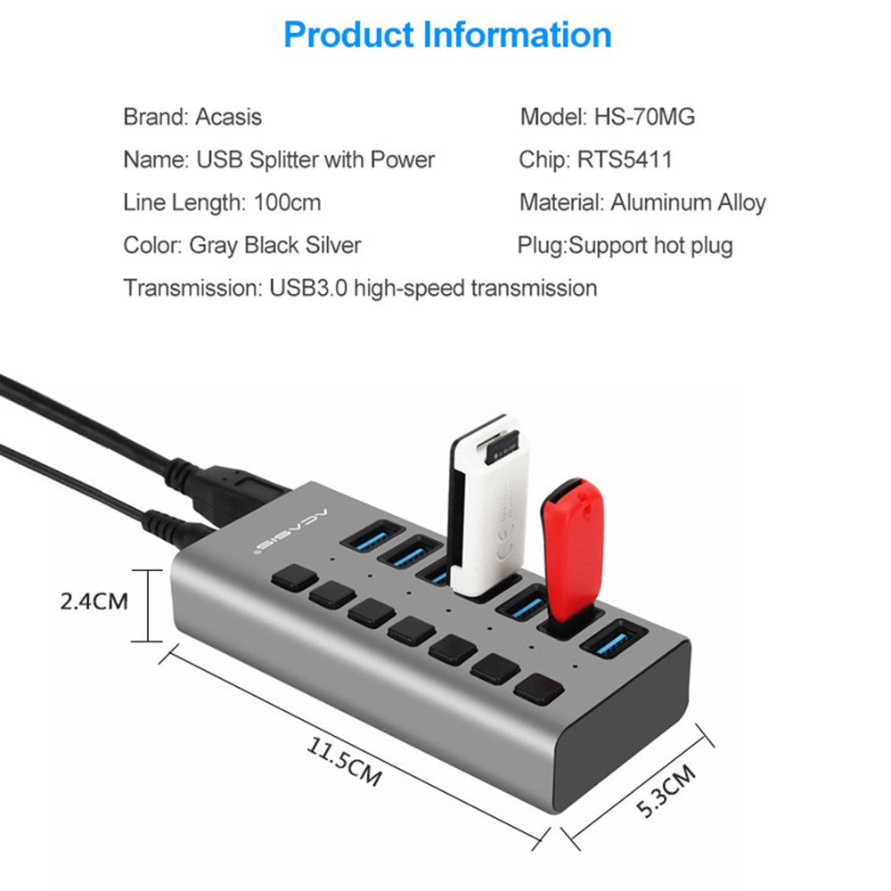 ACASIS HS-707MG 7 Ports USB3.0 5Gbps High Speed Transmission Charging Dock USB Hub Splitter with Independent Switch