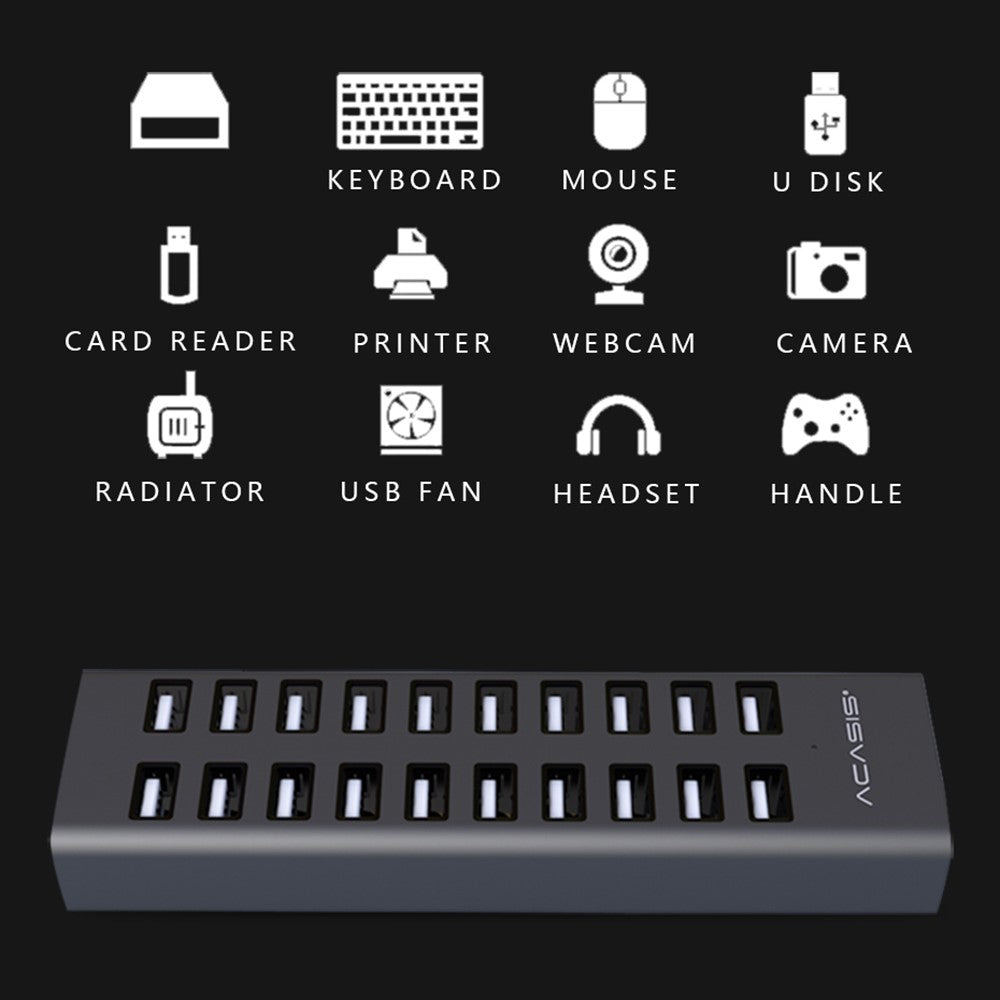 ACASIS H037 USB2.0 Hub Multi-Function Extended 20-Port Hub Adapter with Power Supply Port