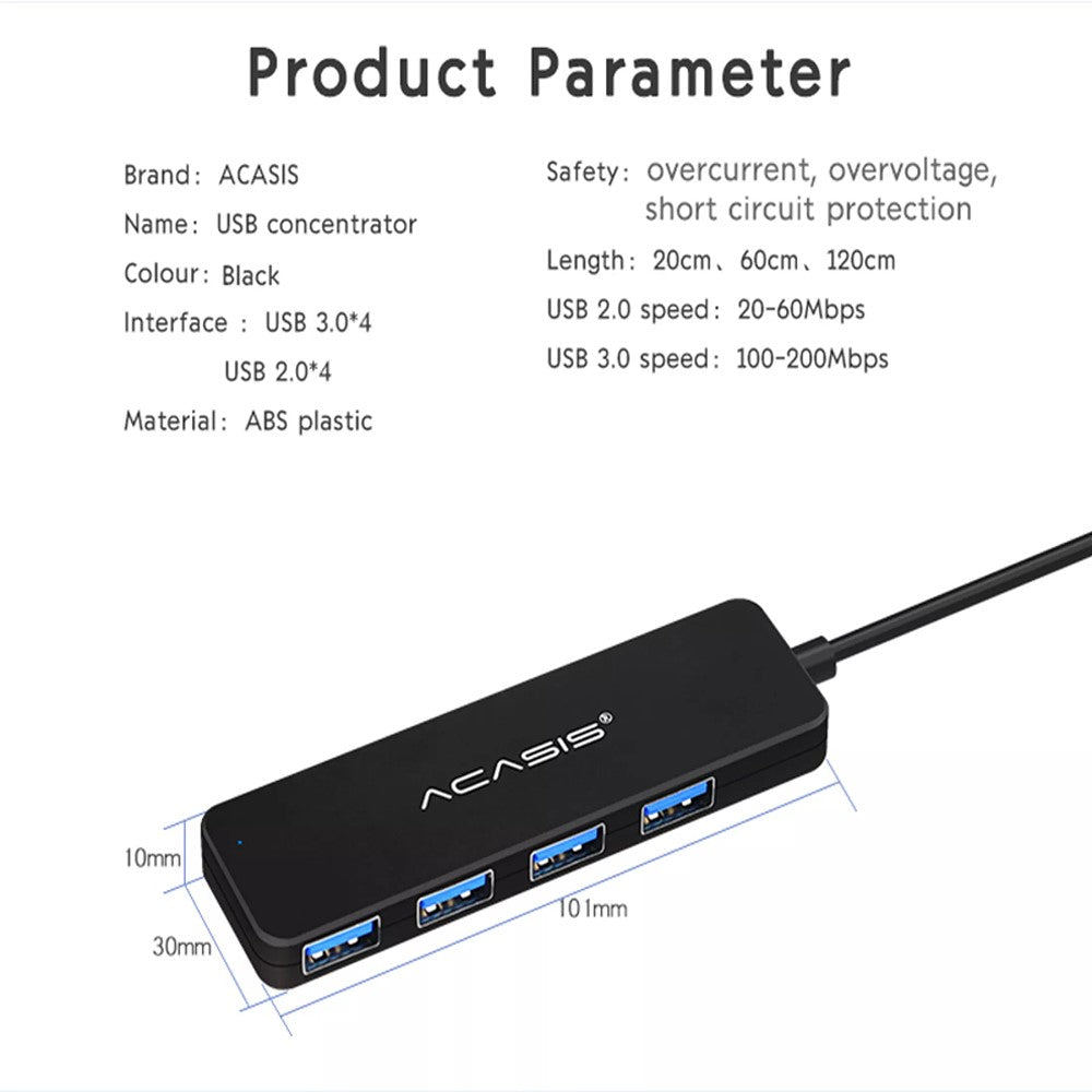 ACASIS AB2-L412 1.2m Cable 4 Ports USB2.0 Hub 480Mbps Data Transmission USB Hub Splitter