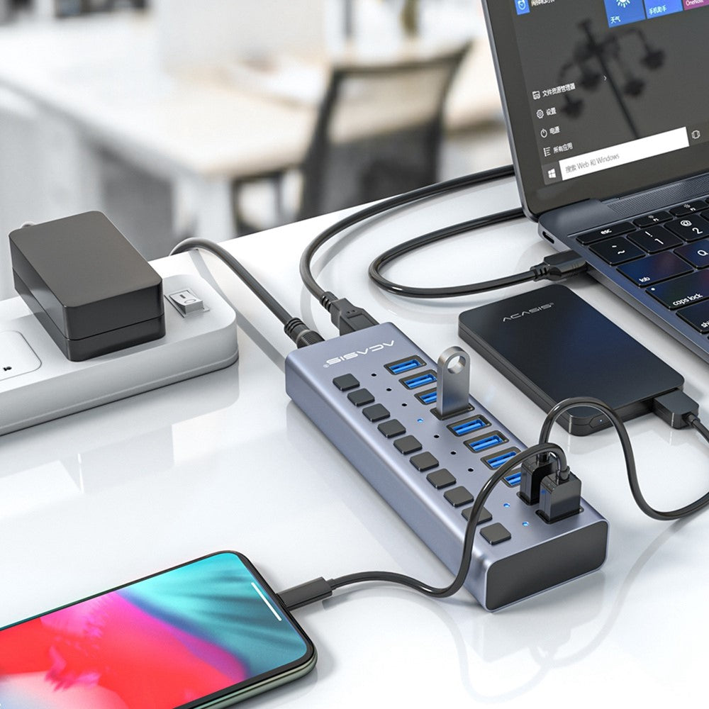 ACASIS HS-710MG 10 Ports USB3.0 Splitter 5Gbps High Speed Transmission Charging Dock USB Hub with Independent Switch