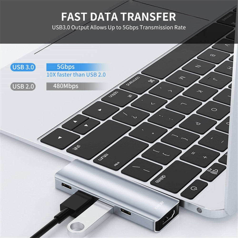 ENKAY HAT PRINCE Dual Type-C Ports Docking Station USB-C Hub to USB3.0+USB2.0+USB-C+HD 4K+PD Charging Adapter for MacBook Pro / Air