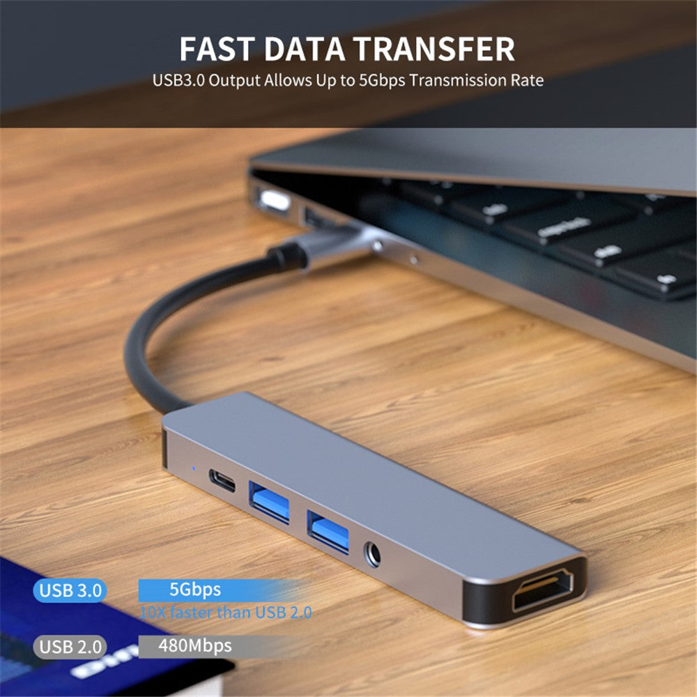 ENKAY HAT PRINCE 5-in-1 USB-C Hub Docking Station Type-C to HD 4K Dual USB3.0 3.5mm Audio Jack PD 60W Fast Charging