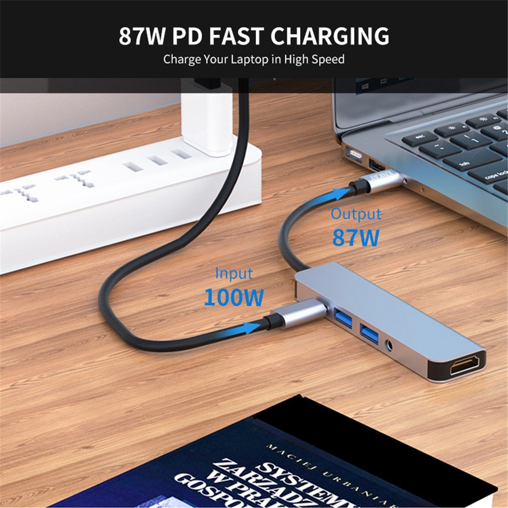ENKAY HAT PRINCE 5-in-1 USB-C Hub Docking Station Type-C to HD 4K Dual USB3.0 3.5mm Audio Jack PD 60W Fast Charging